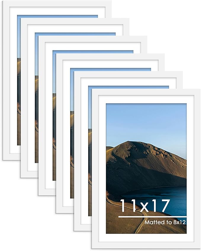 PEALSN 11x17 Picture Frame Set of 6, Display Pictures 8x12 with Mat or 11 x 17 without Mat for Wall Mounting Display, Photo Frames Collage for Wall Decor, White