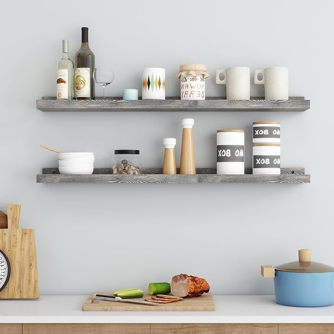FLYJOE 36 Inches Floating Shelves for Wall, Solid Pine Wood Picture Ledge Shelves, Wall Shelves with Lips, Nursery Book Shelves for Toys Storage Living Room Bedroom Photo Frames (2 Pcs, Grey)