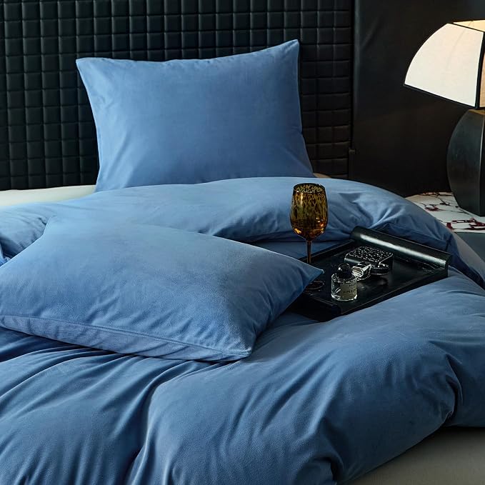 WARMDERN Light Blue Flannel Velvet Duvet Cover King Size Duvet Cover Bedding Sets, 3pcs Ultra Soft Luxury Textured Modern Crystal Velvet Duvet Covers with Zipper Closure(Light Blue, King)