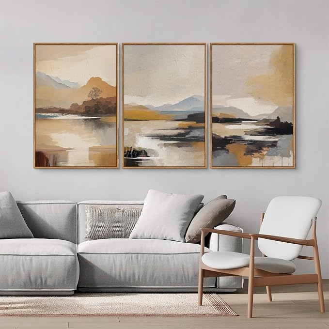 Tinonedraw Beige Abstract Mountain Framed Canvas Wall Art, Mid Century Modern Wall Decor, Rustic Golden Hour Lake Artwork, Neutral Nature Landscape Art Paintings for Living Room Bedroom 16"x24"x3
