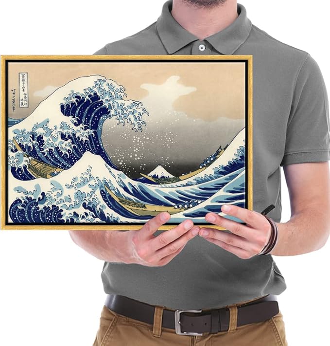 Wieco Art Framed Art Great Wave of Kanagawa Katsushika Hokusai Giclee Canvas Prints Wall Art Abstract Seascape Paintings for Home Living Room Decorations Bronze Gold Frame