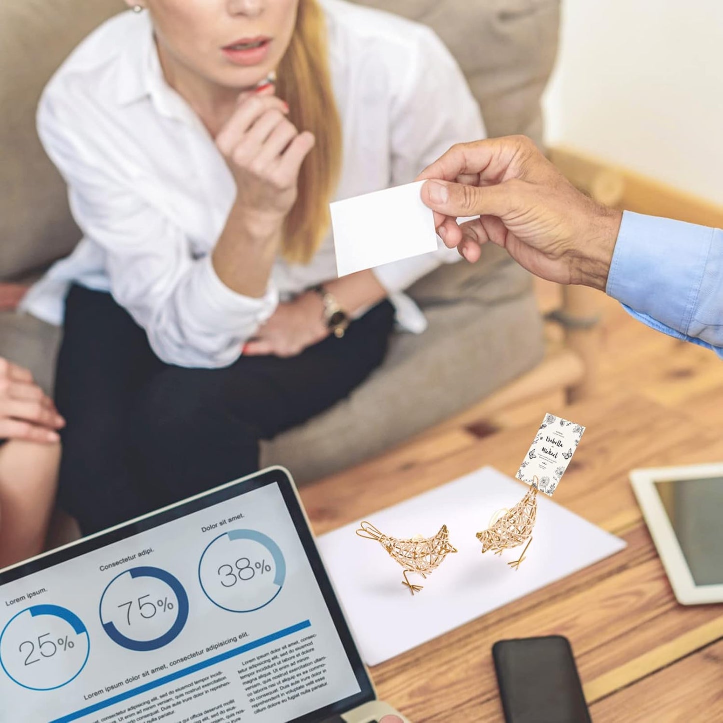 White Woven Bird Duo - Metal & Rattan Tabletop Sculptures, Modern Boho Decor with Detachable Memo Clips and Christmas Ornament (6x5.5x2.3in)