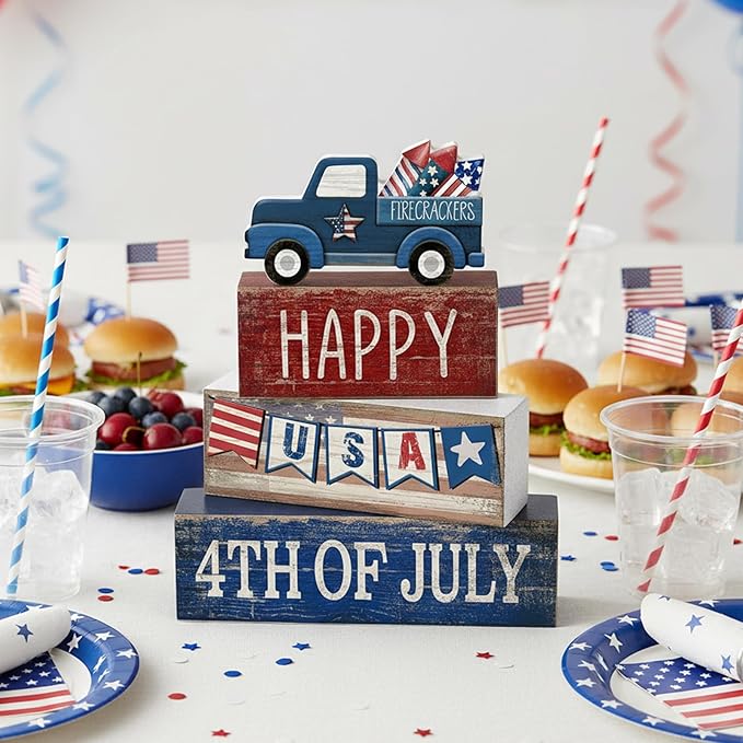 CroBlissful 4 Pcs 4th of July Decorations Patriotic Memorial Day Tabletop Decorations Red White Blue Table Centerpieces Sign for Office Tiered Tray Home Shelf 250th Anniversary(Happy Usa)