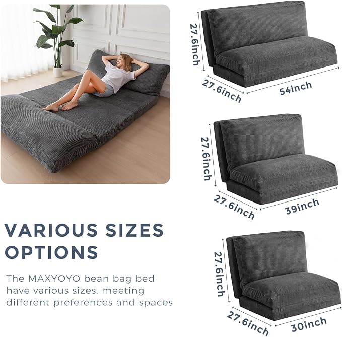 MAXYOYO Folding Sofa Bed, Extra Thick and Long Floor Sofa Convertible Chair with Washable Cover, Floor Couch Lounge Bean Bag Bed for Living Room, Dark Grey, 54x91 Inch