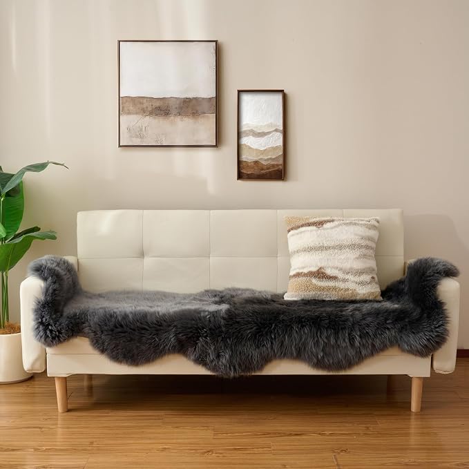 Premium Genuine Sheepskin Area Ruge - Real Wool Fur Shaggy Carpet | Fluffy Soft Natural Lambskin Rug Seat Chair Covers for Couch Sofa Bedroom Living Room(Dark Grey,2×6 Feet Sheepskin)