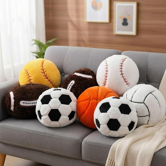 8 Pcs Sports Throw Pillows Bulk Fluffy Stuffed Football Soccer Baseball Volleyball Basketball Softball Pillows Plush Cushion for Room Decor Birthday Gifts