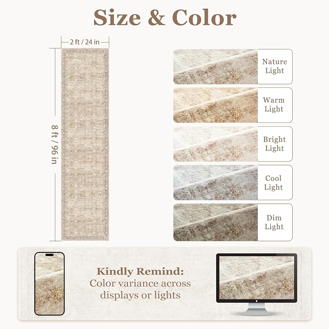 Earth Beige 2x8 Kitchen Runner, Washable Non Slip Runner Rug for Hallway Entryway, Lightweight Ultra Thin Low Pile Carpet Runner for Bathroom/Mudroom/Corridor/Laundry Room, Vintage Neutral