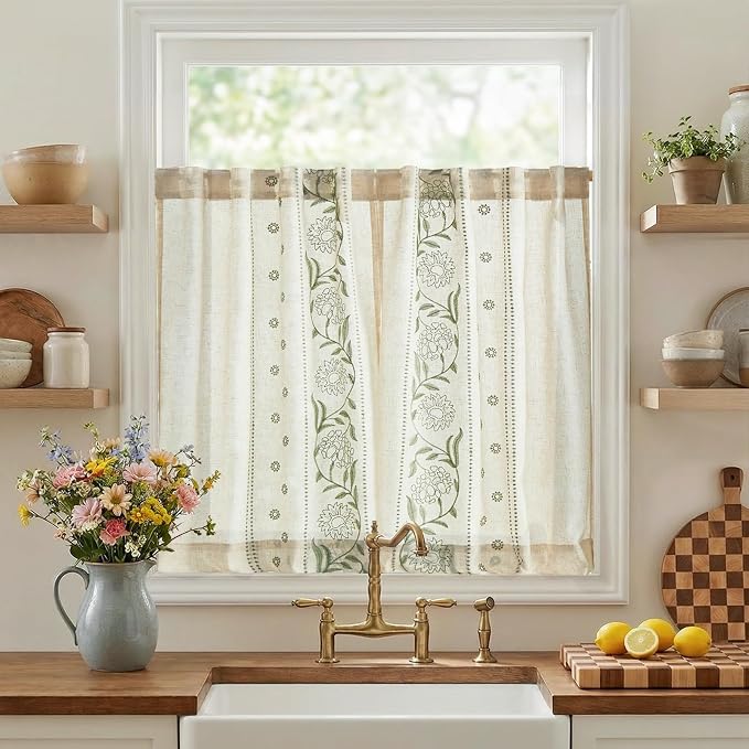 jinchan Winslow Linen Kitchen Curtains 36 Inch Length Small Window Curtains Embroidered Bordered Floral Drapes Light Filtering for Bathroom Laundry Room Farmhouse Decor Green on Beige 2 Panels
