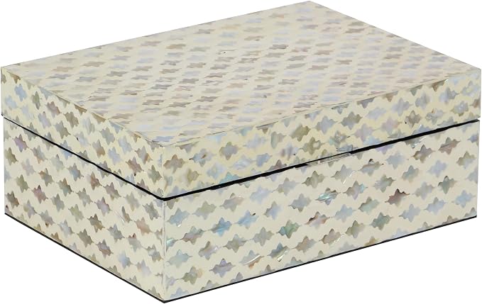 Deco 79 Mother of Pearl Shell Geometric Handmade Decorative Box Storage Decorative Keepsake Boxes with Hinged Lid, Set of 2 Storage Boxes 12", 8"W, Cream