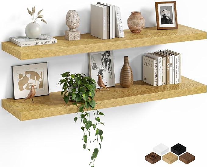 Fun Memories Floating Shelves for Wall, 40 Inch Long Set of 2 Rustic Wood Wall Shelves with Invisible Brackets, Heavy Duty Storage Display for Living Room Bedroom Kitchen, Oak