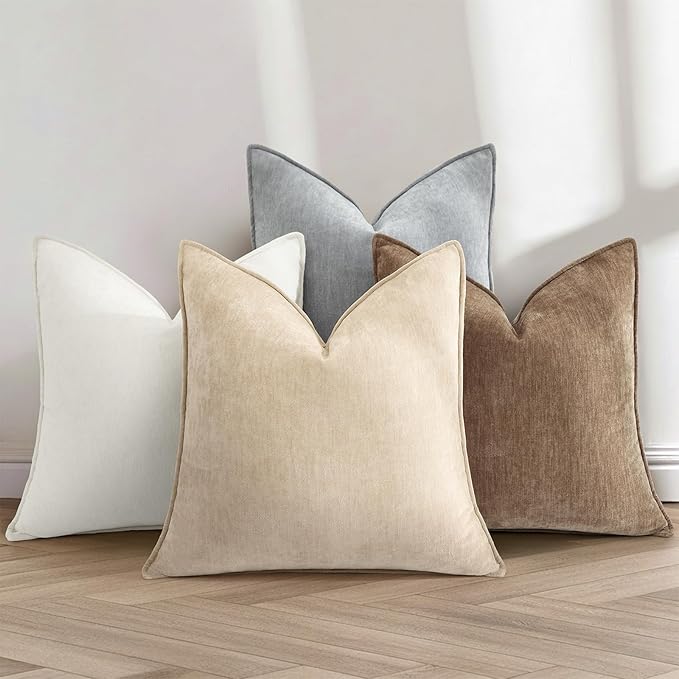 decorUhome Summer Couch Euro Sham Throw Pillow Covers 26x26 Set of 2, Decorative Soft Velvet Modern Cozy Chenille Pillow Cases with Elegant Design for Sofa Bed Living Room Home Decor, Cream White