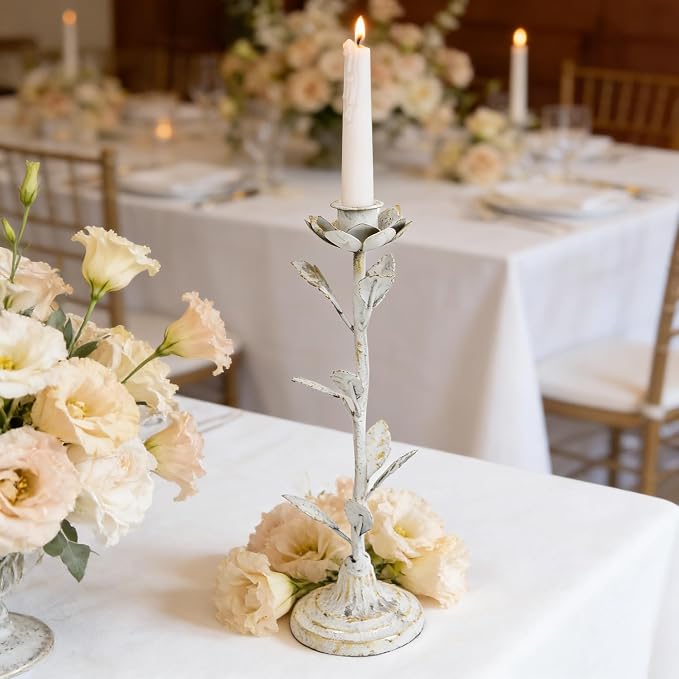 2-Piece Vintage Rose Taper Candle Holders, Distressed Distressed White & Gold Metal Candlestick Stands with Pink Floral Design, 12.2" Tall Rustic Farmhouse Tabletop Decor for Wedding, Dining & Home