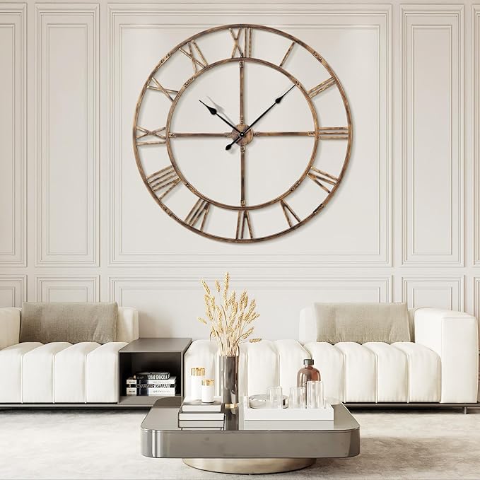 Large Wall Clock for Living Room Decor – 60 Inch Knocked-Down (KD) Silent Non-Ticking Modern Farmhouse Wall Clock, Oversized Decorative Metal Roman Numeral Clock (Bronze, 60 Inch)