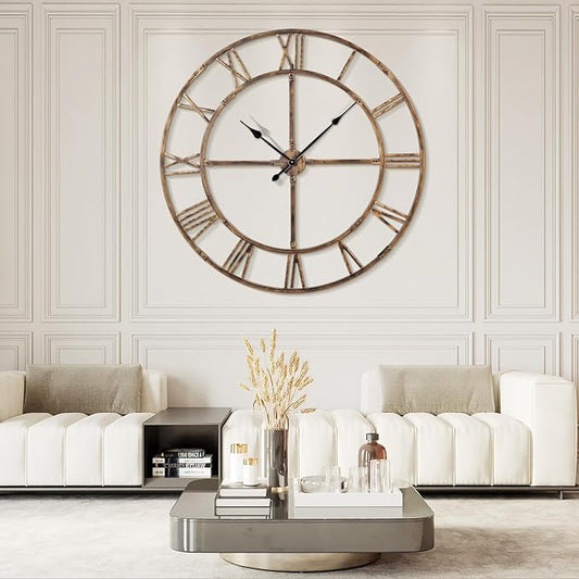 Large Wall Clock for Living Room Decor – 60 Inch Knocked-Down (KD) Silent Non-Ticking Modern Farmhouse Wall Clock, Oversized Decorative Metal Roman Numeral Clock (Bronze, 60 Inch)