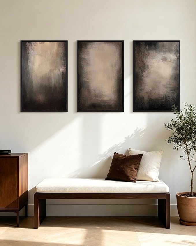 PHOPAGO Abstract Framed Wall Art Large 16x24in Earthy in Deep Brown and Beige Tones Modern Art Decorative Keep Clam Bedroom Hallway Home Decor - Black Framed