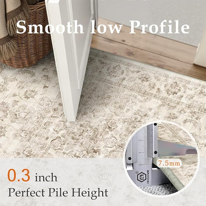 7x9 Washable Neutral Area Rug Beige Vintage Living Room Bedroom Carpet Non-Slip Soft Low Pile Farmhouse Indoor Throw Rug for Dining Room Entryway Office