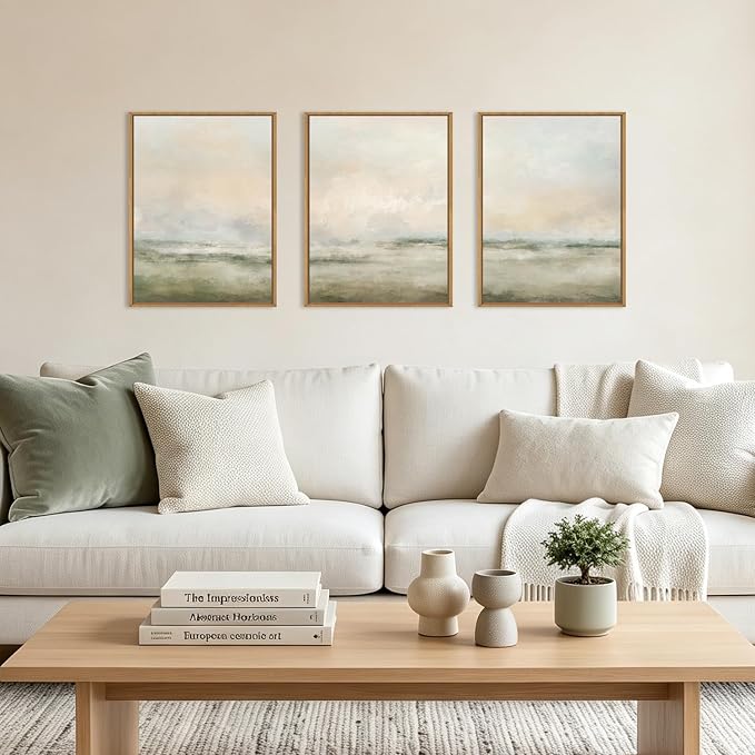 Aryroi Abstract Beige Green Landscape Framed Canvas Wall Art Set, Watercolor Natural Tan Wall Decor, Minimalist Neutral Modern Scenery Artwork for Living Room, Bedroom,Farmhouse- 12"x16"x3