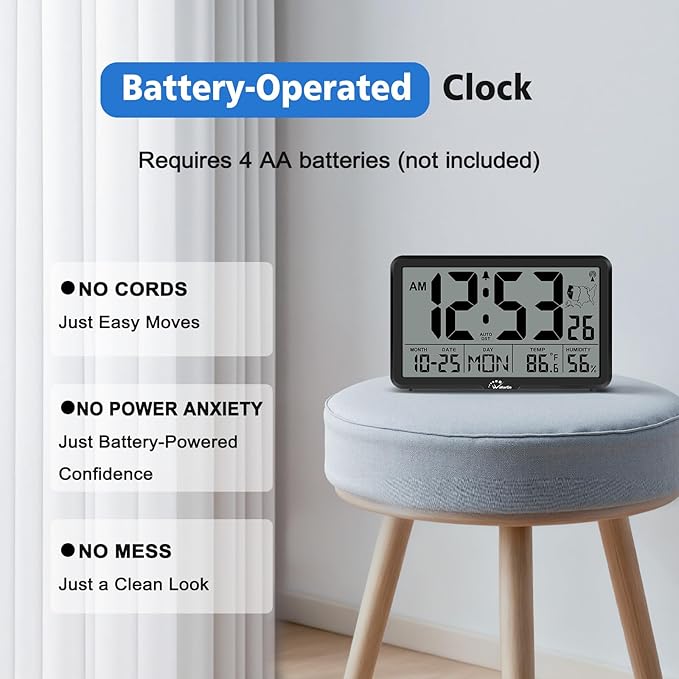 WallarGe Atomic Wall Clock with Backlight, Digital Wall Clock Battery Operated for Classroom, Bedroom, Office, Large Display with Indoor Temperature, Humidity, Date, AUTO DST, 6 Time Zones