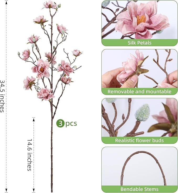 HyeFlora 3PCS Artificial Magnolia Flowers Stems for Spring Decoration, Faux Pink Magnolia Branches with Buds, 34.5" Long Stems Floral Arrangement for Vase Pot Table Centerpiece Indoor Decor
