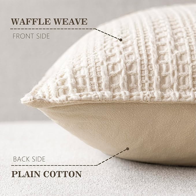 Foindtower Set of 2 Decorative Cotton Waffle Weave Throw Pillow Covers Euro Shams Cushion Covers Accent European Pillowcase for Bed Couch Sofa Bedroom Living Room Home Decor 26×26 Inch Natural Beige