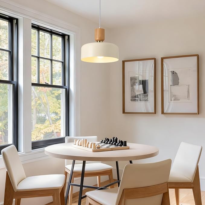 TeHenoo Modern Pendant Lighting, Soft Cream, 12 inch | Natural Wood and Brass Accent, Adjustable, For Kitchen Island, For Dining Room