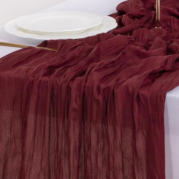 Socomi 3pcs Burgundy Red Easter Spring Cheesecloth Table Runner Boho Rustic Gauze 120 inch 10FT Cheese Cloth Runner for Wedding Party Baby Shower Birthday Home Decor Holiday Decorations