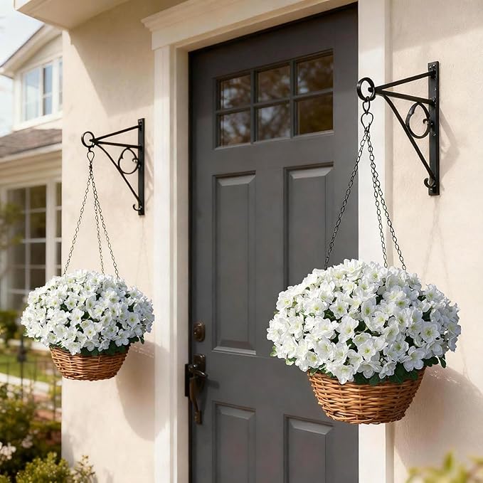 16 Bundles Artificial Flowers for Front Door, Fake Silk Azalea Bouquet Silk Flowers for Outside UV Resistant Realistic Faux Plants for Planter Farmhouse Patio Garden Walkways Home Decor (White)