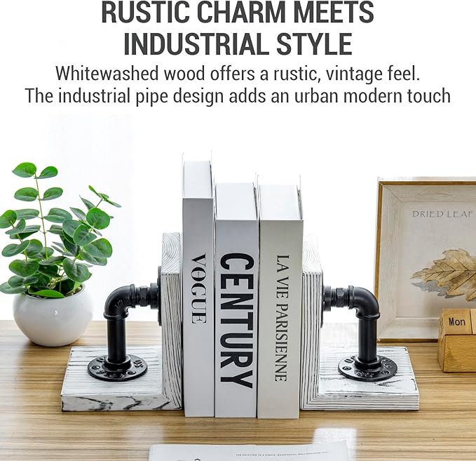 MyGift Decorative Bookends, Office Book Ends for Shelves, Book Holder L-Shaped Stand Desktop, Whitewashed Solid Wood with Realistic Industrial Pipe Design