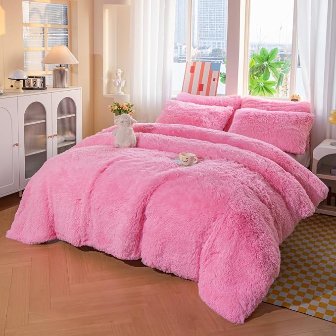chovy Faux Fur Plush Pink Comforter Sets Full/Queen - Ultra Soft Shaggy Flannel Velvet Fluffy Fuzzy 3PC Bedding Sets （Comforter x 1 Pillowcases x 2）