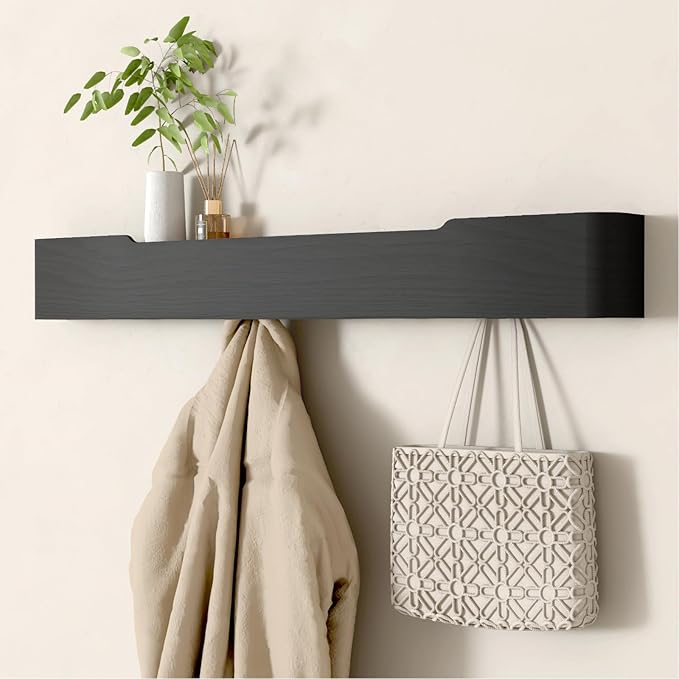 Wall Mounted Coat Rack with Shelf, Wooden Entryway Organizer with Hidden Metal Hooks for Hanging Coats Bags Keys, Modern Floating Shelf for Hallway Bathroom
