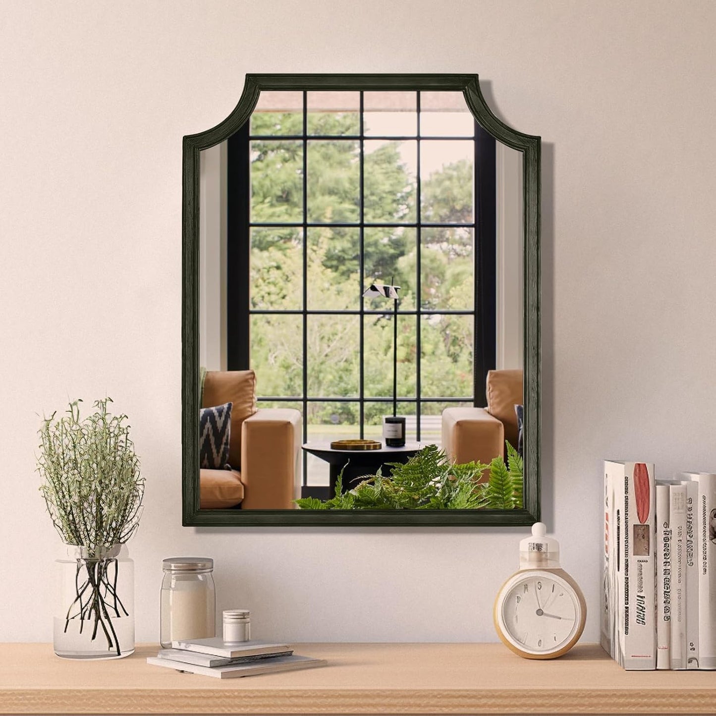 WallBeyond Scalloped Wood Mirror for Wall Decor 16x20 Inch Black Small Bathroom Vanity Rectangle Mirror for Hallway Bedroom Living Room(Black)