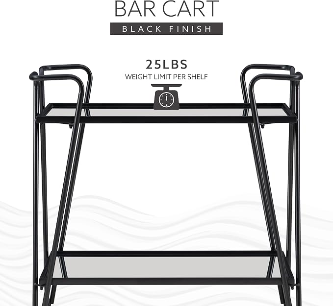 Linon Gina Black Mid Century Bar Cart with Mirrored Shelves