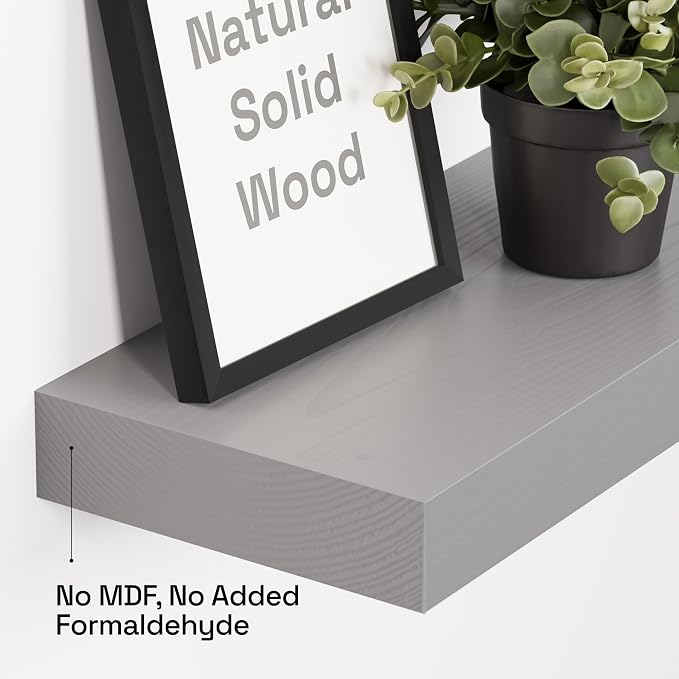 Solid Wood Floating Shelves for Wall 24 inch Grey, Wooden Bathroom Shelf | Real Wood, Wall Mounted, Bedroom Kitchen Living Room, Rustic Farmhouse, Gray Finish, 24W x 6,7D, Set of 2