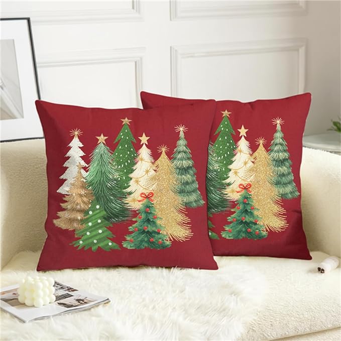 Red Christmas Pillow Covers 16x16 Set of 2 Gold Green Xmas Tree Pillow Case Winter Holiday Throw Pillow Covers Double Sided Printing Decorative Cushion Case for Couch Sofa