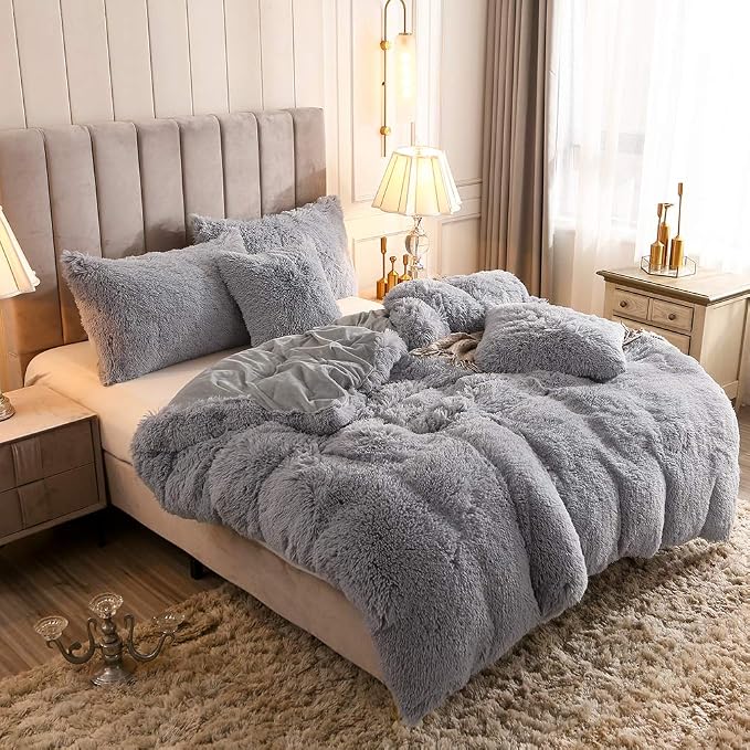 Faux Fur Velvet Fluffy Bedding Duvet Cover Set Down Comforter Quilt Cover with Pillow Shams, Ultra Soft Warm (Queen, Light Gray)