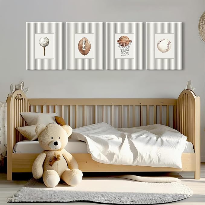 Sports Wall Art Decor Toddler Boys Room Canvas Prints Vintage Sports Nursery Wall Decor Kids Poster Football Baseball Pictures Basketball Golf Painting Artwork for Bedroom 12x16x4 Inch Ready to Hang