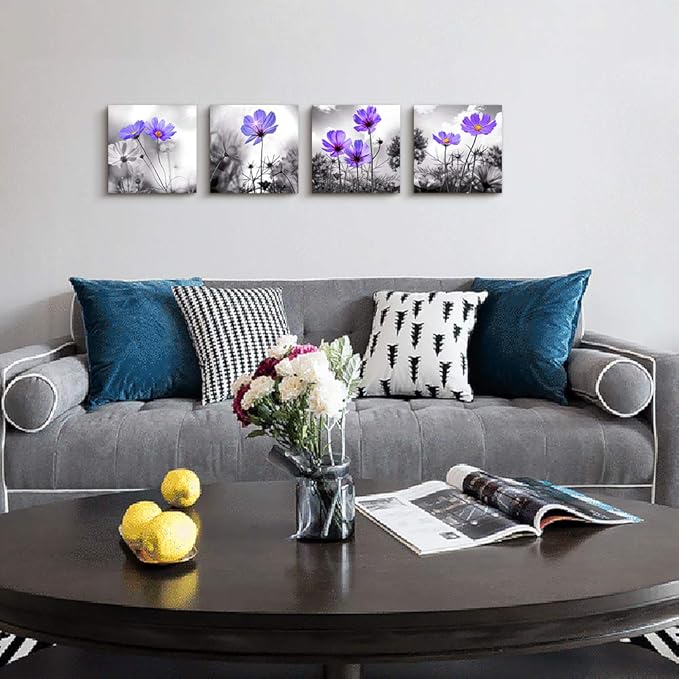 Wall Art For Living Room Black and White purple flower Canvas Wall Decor for Home Decor artwork painting 12" x 12" 4 Pieces Canvas Print For bedroom Decor Modern Salon kitchen Still Life Painting
