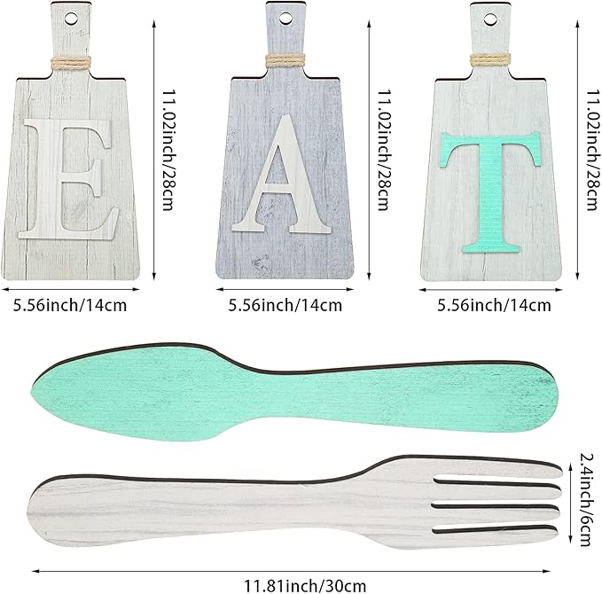 Jetec Cutting Board Eat Sign Set Hanging Art Kitchen Eat Sign Farmhouse Fork and Spoon Wall Decor Rustic Primitive Country Kitchen Decor for Home over Cabinet Decoration(Beige, Dark Gray, Gray White)