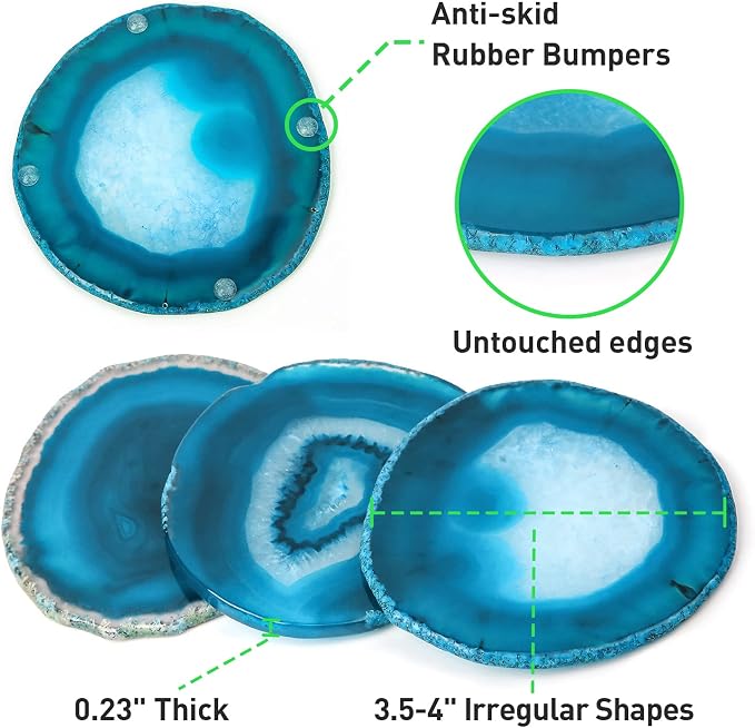 Blue Agate Coaster Set of 4 for Coffee Table | Natural Geode Coasters for Drink, 3.5-4" Stone Coaster Agate Decor for Housewarming Birthday Wedding Gift Father's Day