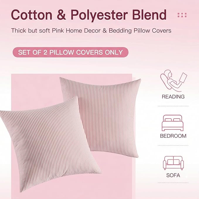 Spring Light Pink Striped Throw Pillow Covers 18x18 Set of 2, Farmhouse Outdoor Decorative Stripe Pillow Covers For Patio Furniture, Funky Blush Pink Throw Pillows 18 x 18 (No Pillow Inserts)