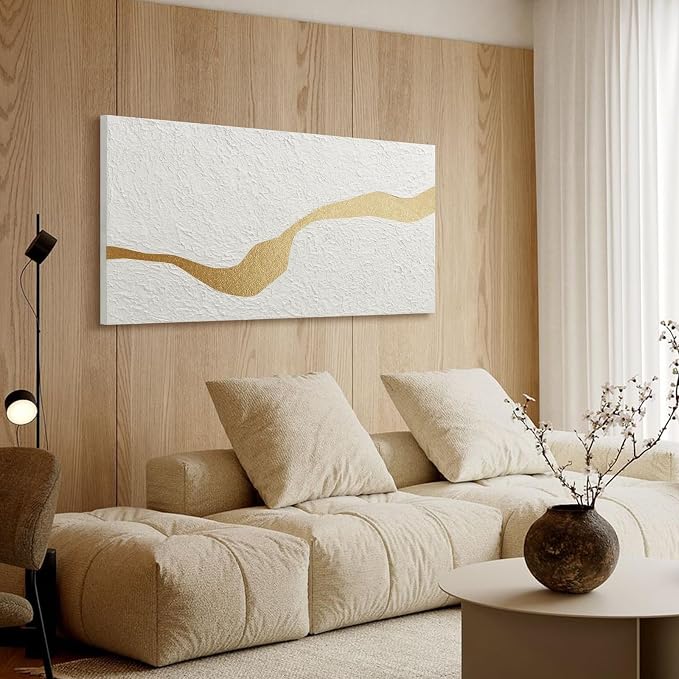 Large Horizontal Abstract White & Gold Textured Wall Art for Living Room | Modern Hand-Painted Oil Painting Artwork for Bedroom Office Dining Room, Original Contemporary Minimalist Wall Decor, Gifts