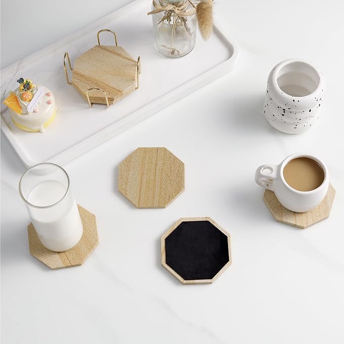 Octagonal Sandstone Coasters Set of 6 with Holder, Absorbent Stone Coasters with Soft Backing for Table Protection, Farmhouse Rustic Sandstone Coaster for Coffee Table Desk Patio Home Decor