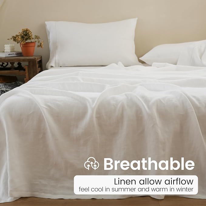 100% French Linen Pillowcases with Embroidery - Pack of 2 - Washed Solid Color Natural Flax Soft Breathable - White, 20'' x 40''