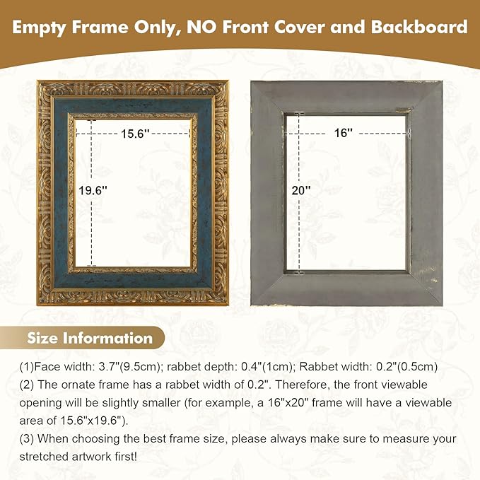 Classical DIY Wood Plein Air Frame for 20x24 Handmade Paintings, 3.7" Wide Antique Sculpted Art Frame for Artists Exhibition Gallery Show Memorial Portrait, No Glass Cover & Backing (Blue Gold)