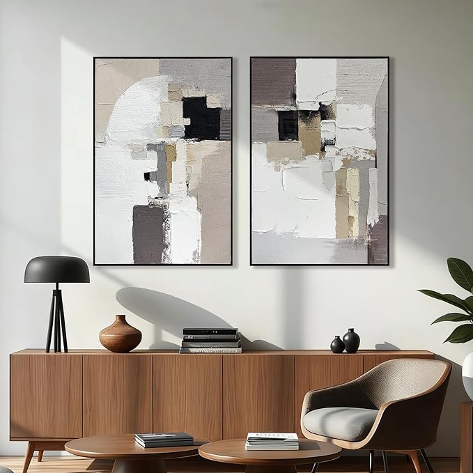 SAFERRYHOME Neutral Abstract Hand Painted Wall Art, 3D Textured Minimalist Framed Canvas Wall Decor, Large Modern Geometric Painting Artwork for Home Office Living Room, 24"x36"x2