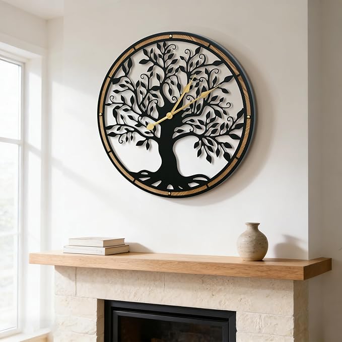 Micasso Farmhouse Large Wall Clock: 24 Inch Rustic Tree of Life Metal with Wood Frame - Battery Operated Wall Clocks for Living Room/Office/Bedroom - Home Decor for Fashion-Conscious