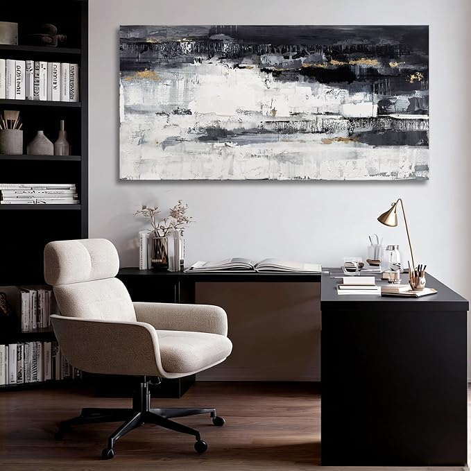 Dolidoteart Canvas Wall Art, Black White Gray Abstract Wall Art Print, Modern Gold Accent Horizontal Artwork for Living Room Bedroom Office, 24x48 Inch