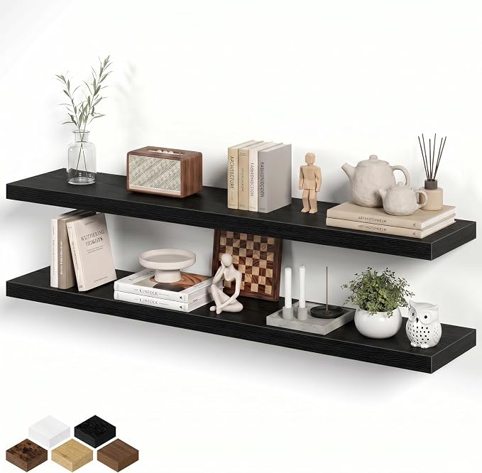 Fun Memories 55 Inch Long Floating Shelves for Wall, 8" Deep Floating Shelves for Bathroom Living Room Bedroom, Black Rustic Wall Mounted Shelf with Invisible Heavy-Duty Bracket, 2 Pack