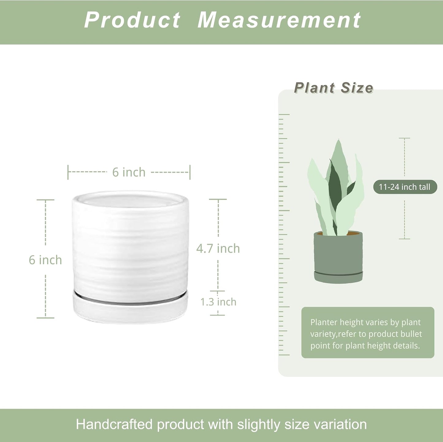 6 Inch Plant Pots, Ceramic Planter Pot with Drainage Hole & Saucer, Indoor/Outdoor Cylinder Round Planter Pot, Matte White
