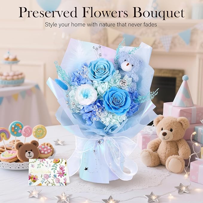 Preserved Flowers Bouquet with Bear, Real Forever Flowers for Delivery, Long-Lasting Blue Eteranl Roses Bouquet, Mothers Day Gifts for Mom Grandma Wife, Anniversary Birthday Gifts for Women Girlfriend